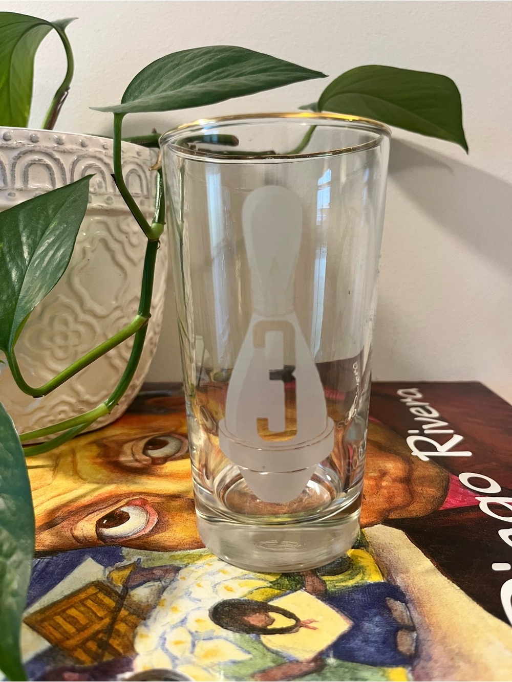 Vintage Libbey Clear Glass Tumbler with Gold Rim and White Bowling Pin Motif